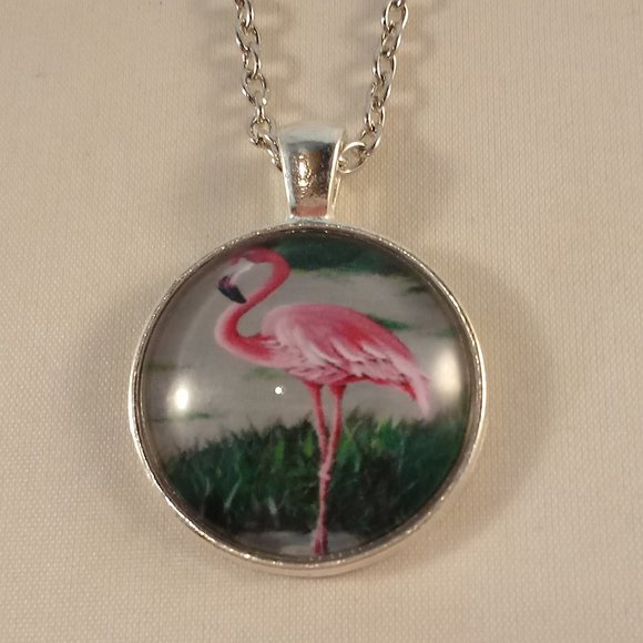 Silver Pink Flamingo Cabochon Pendant Chain Necklace Gift - Picture 2 of 3
